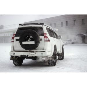 Бампер силовой задний Toyota Land Cruiser Prado 150 с квадратом под фаркоп, площадкой под лебедку, калиткой и противотуманными фарами