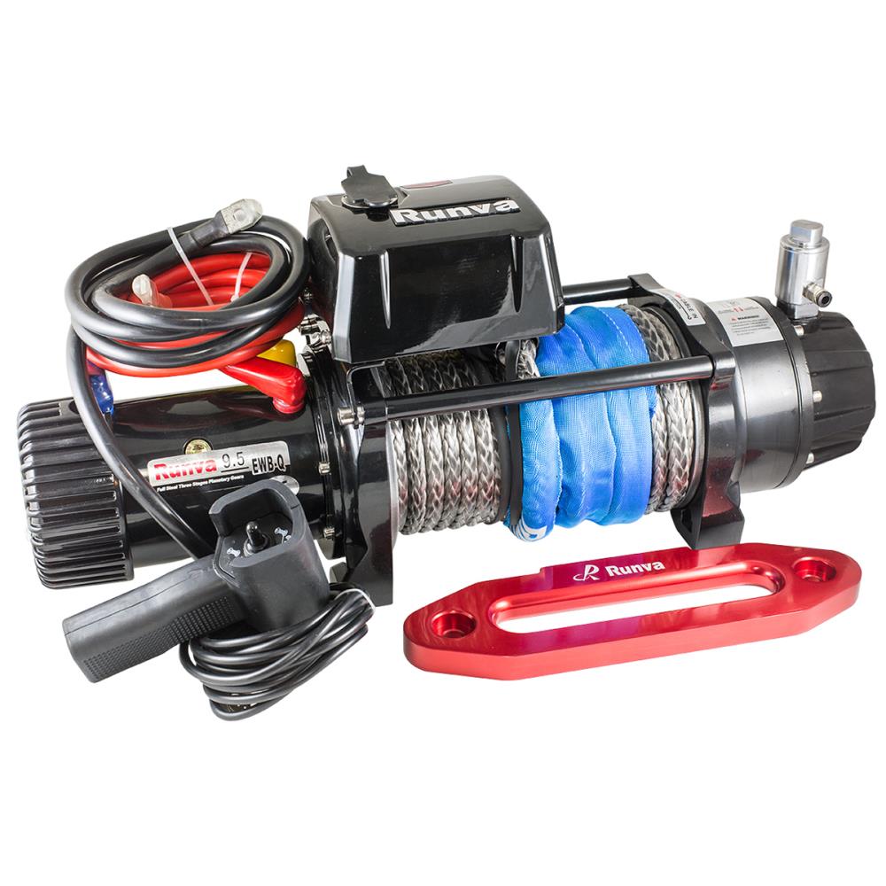 Лебёдка электрическая 12V Runva 9500 lbs 4350 кг влагозащищенная, синтетический трос, пневмороспуск